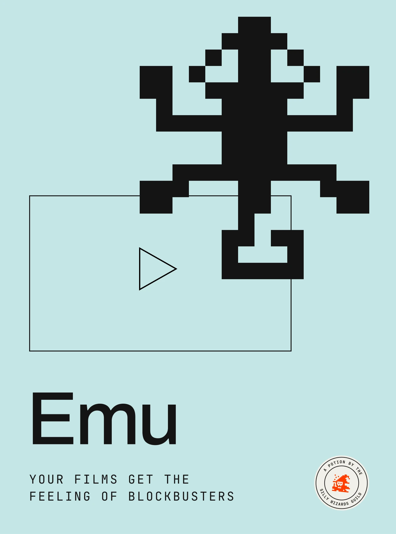 Emu poster: a pixel chameleon climbing over a keyline video frame on a teal ground.
