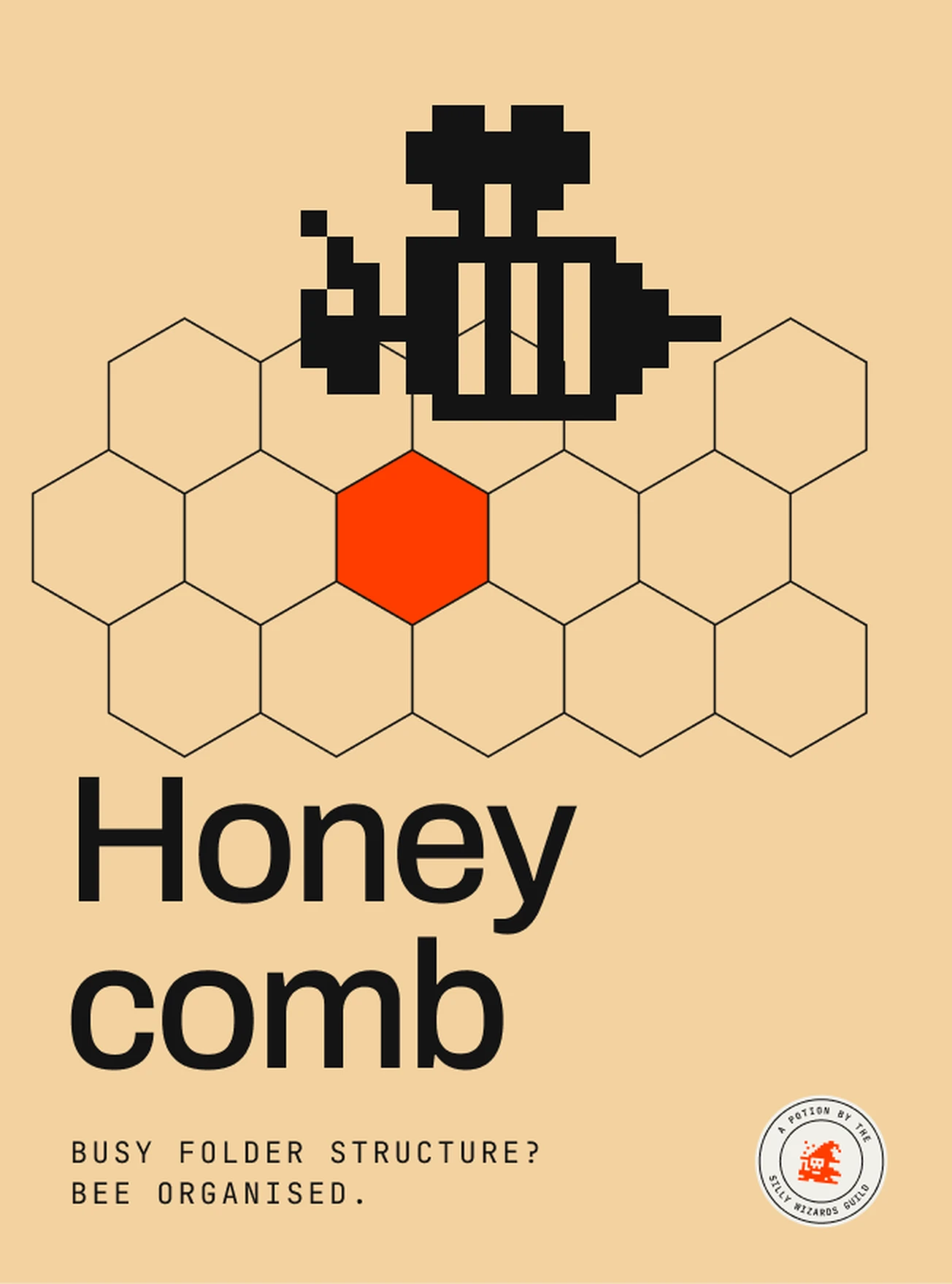 Honeycomb poster: a pixel bee flying over a honeycomb, one cell lit red.