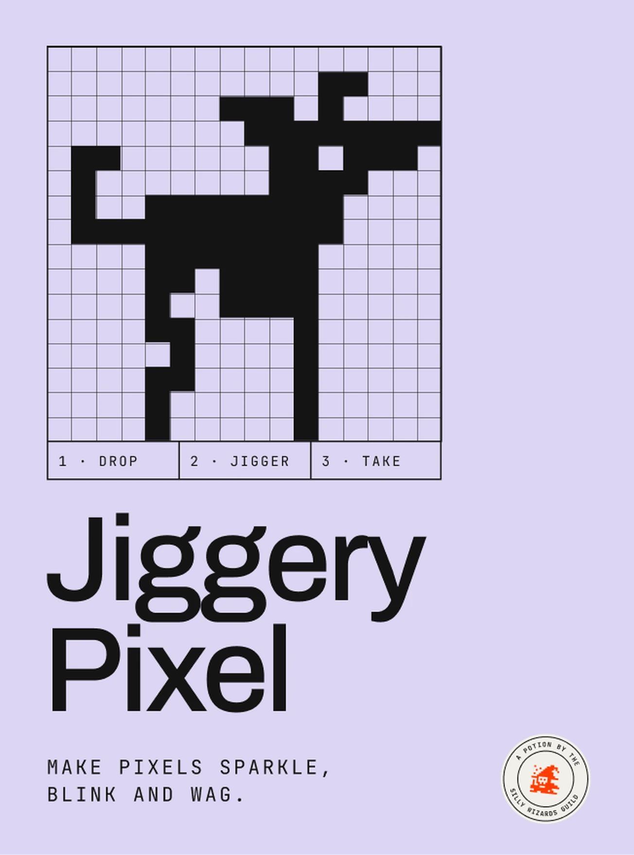 Jiggery Pixel poster: Walter the whippet drawn in pixels on a lilac grid.