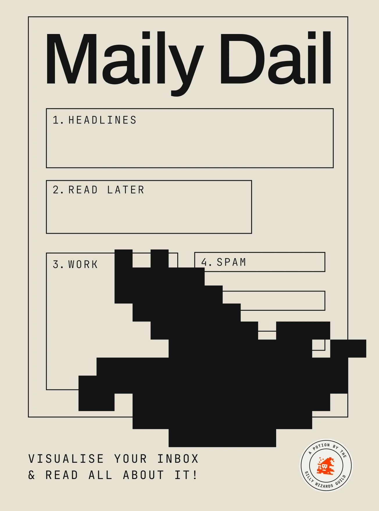 Maily Dail poster: a pixel pigeon flying across an inbox drawn as a keyline front page.