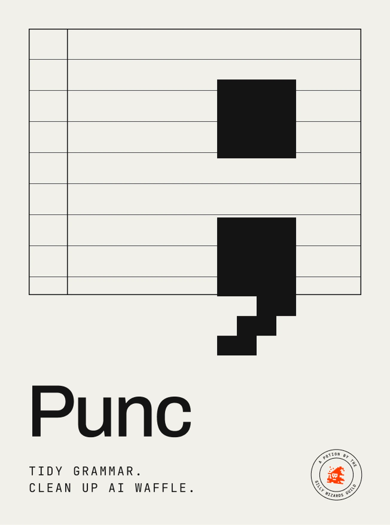 Punc poster: a giant pixel semicolon on ruled butter-yellow paper.