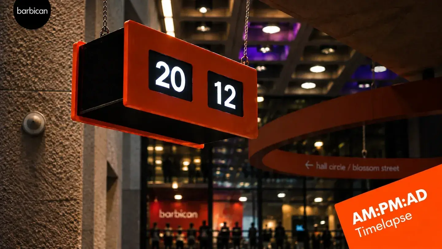 The AM:PM:AD clock moving through London history in the Barbican foyer