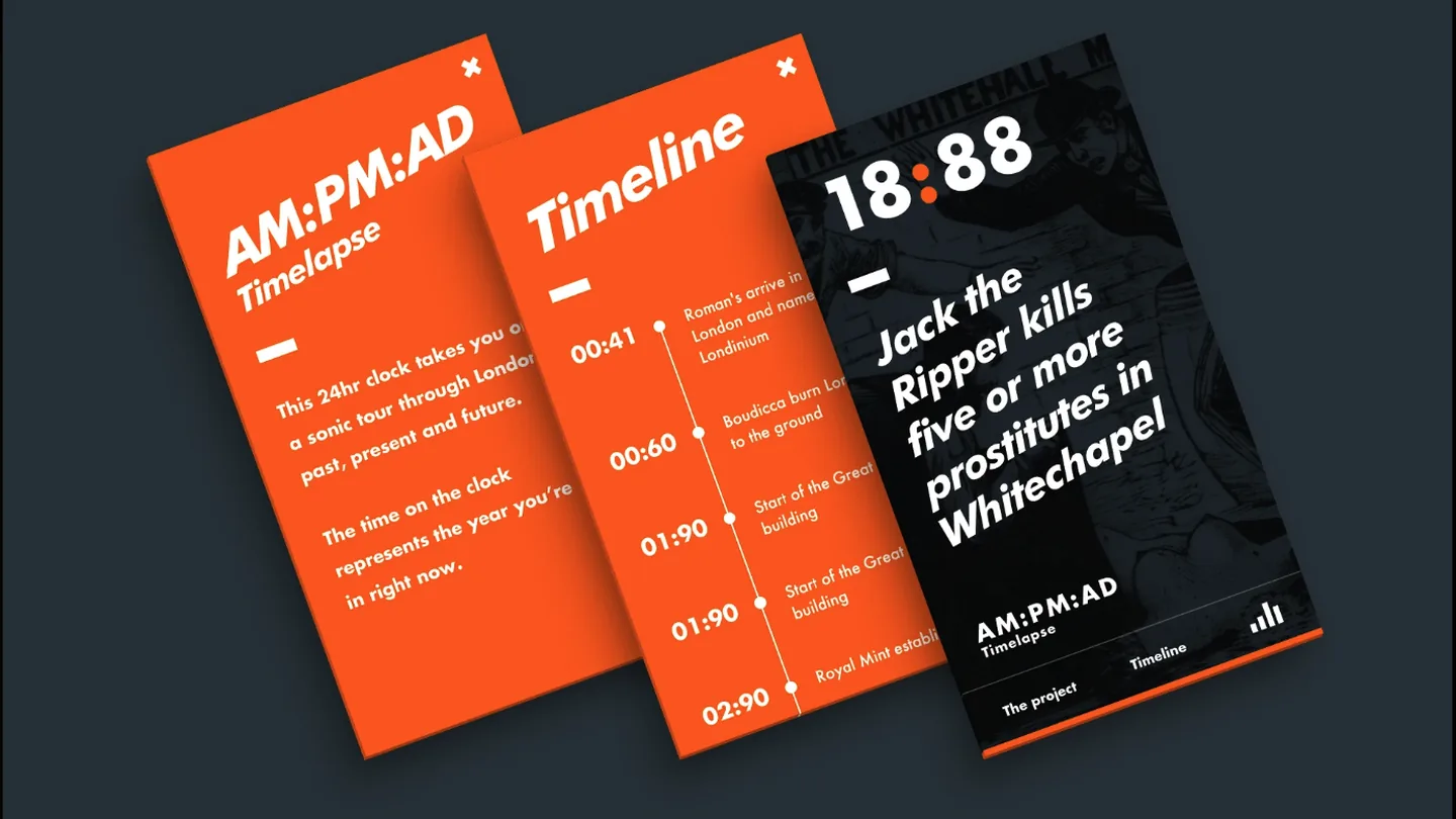 Three screens from the companion site: the introduction, the timeline and a single entry