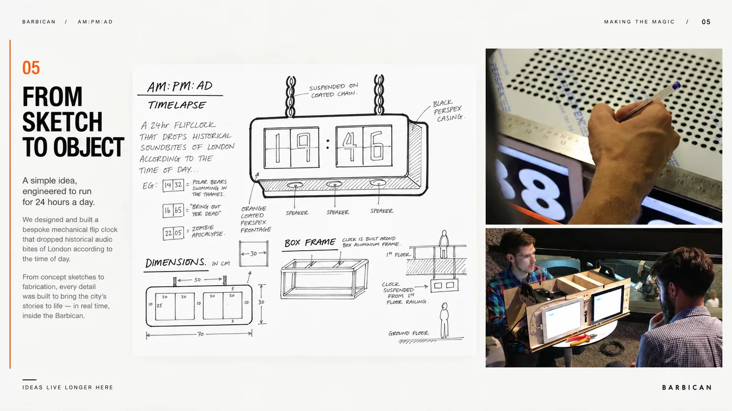 AM:PM:AD development sketches and photographs showing the clock being built