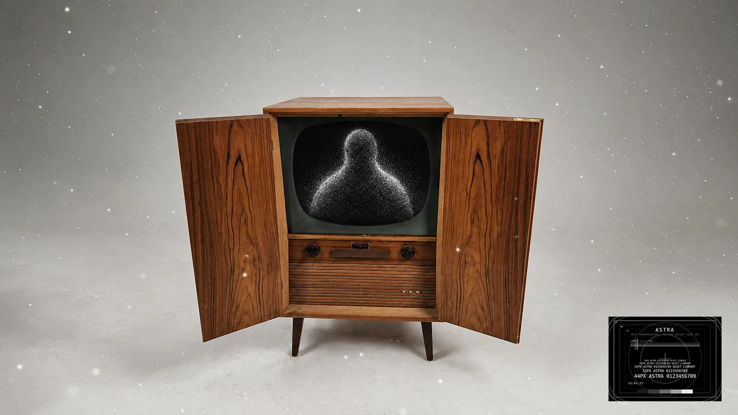 The ASTRA cabinet: a 1950s DUX television with its doors open, a figure drawn in points of light on the screen