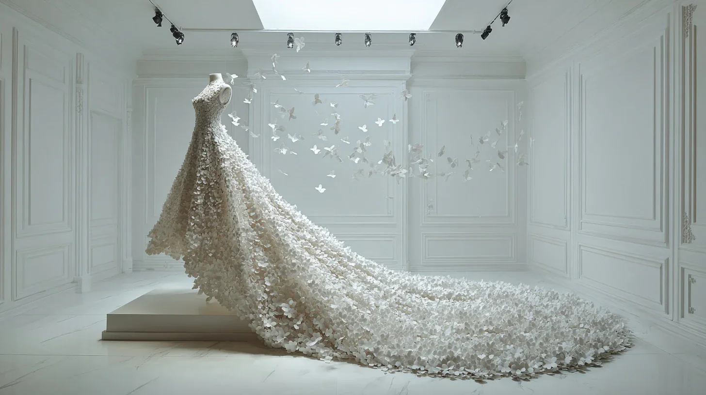 A white Dior couture dress formed from hundreds of delicate petals in a white atelier room