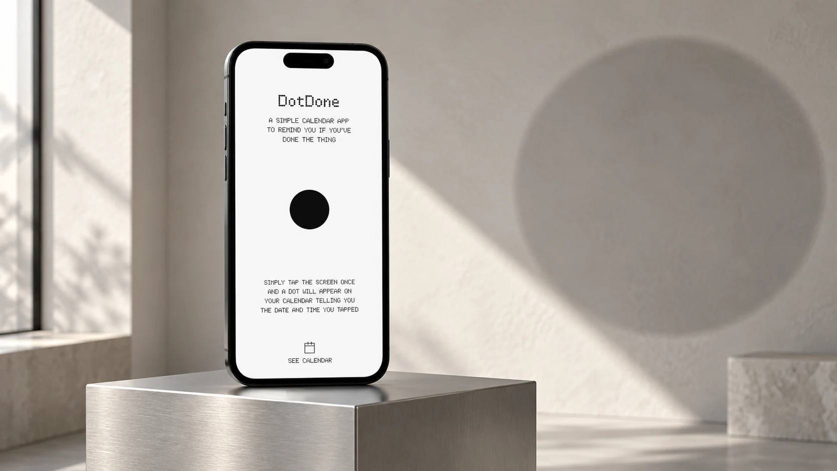 DotDone home screen on a black iPhone in a quiet Scandinavian gallery setting