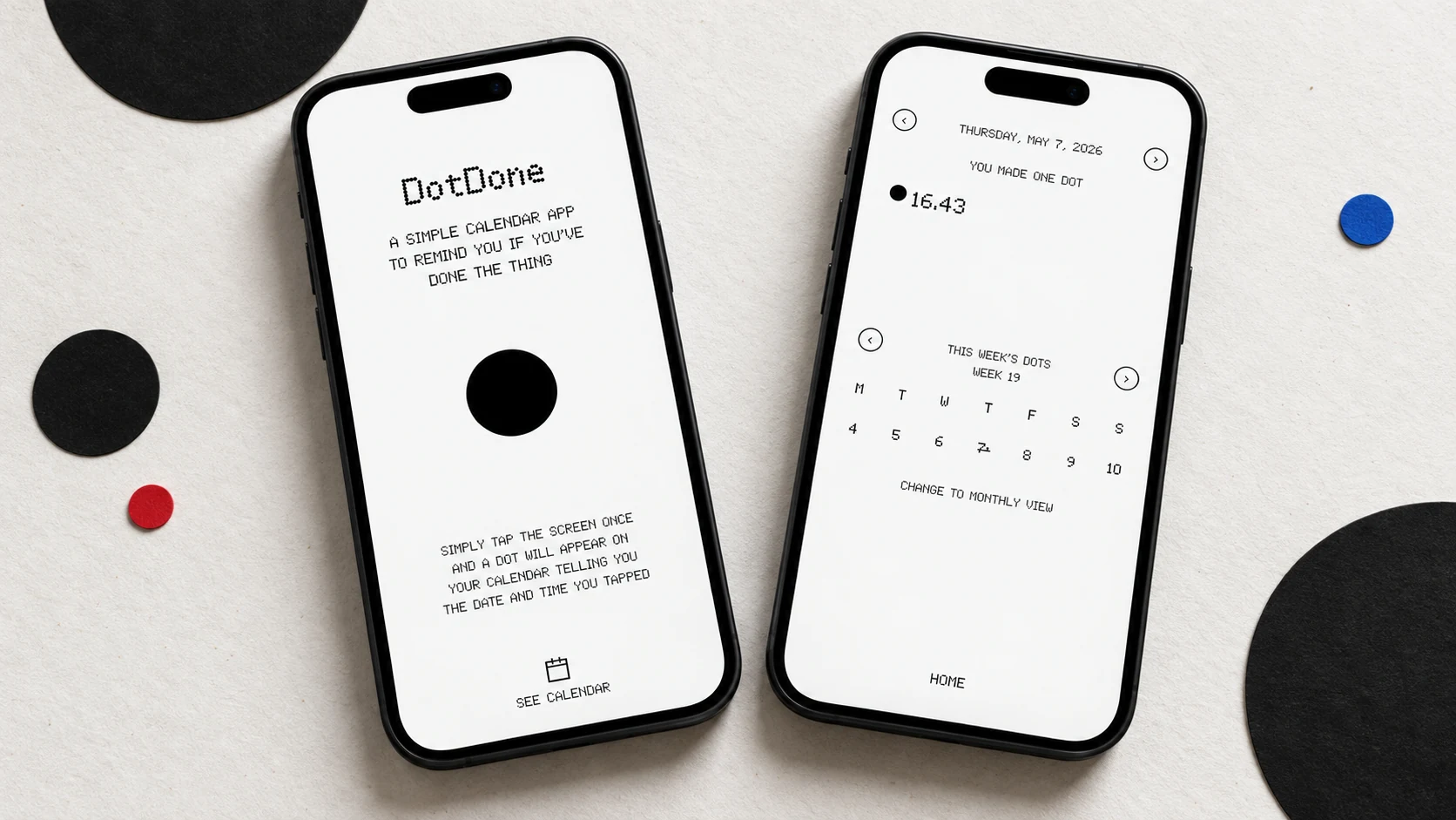 DotDone home and calendar screens presented together on two iPhones