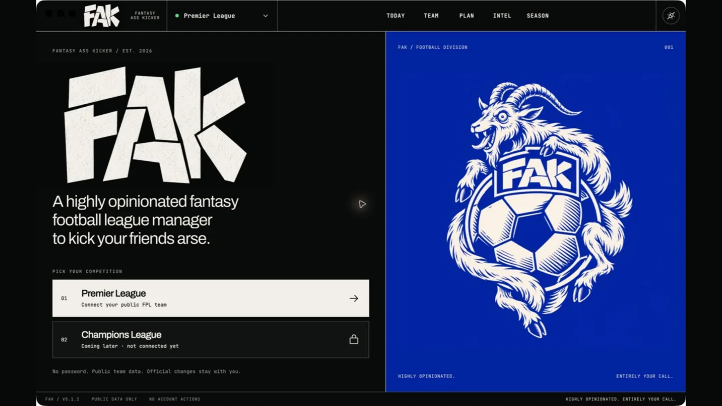 FAK welcome screen with Premier League selected and a goat mascot on a blue panel
