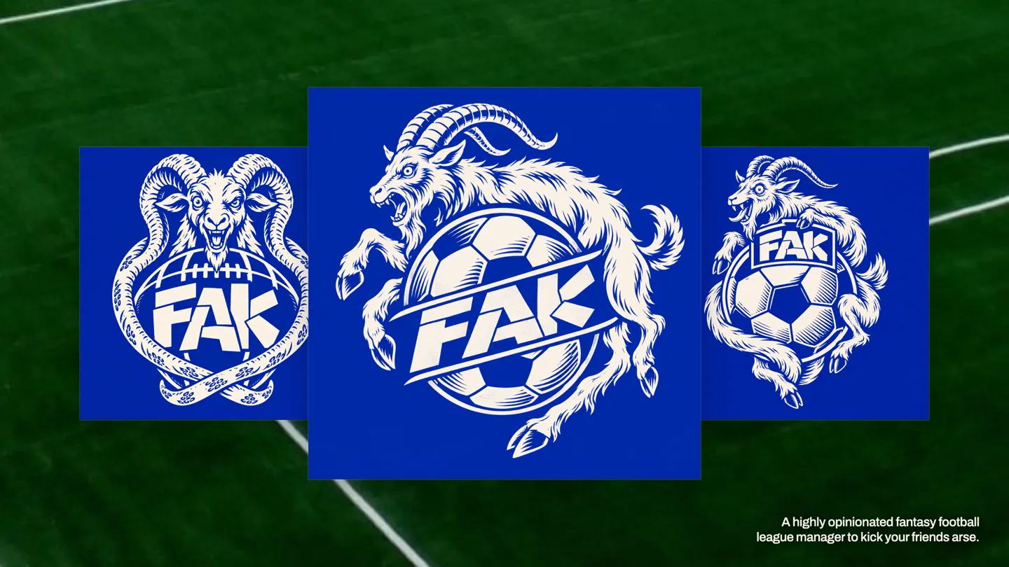 Three cream and blue FAK goat marks over a football pitch, with the central mark enlarged and the app tagline at bottom right