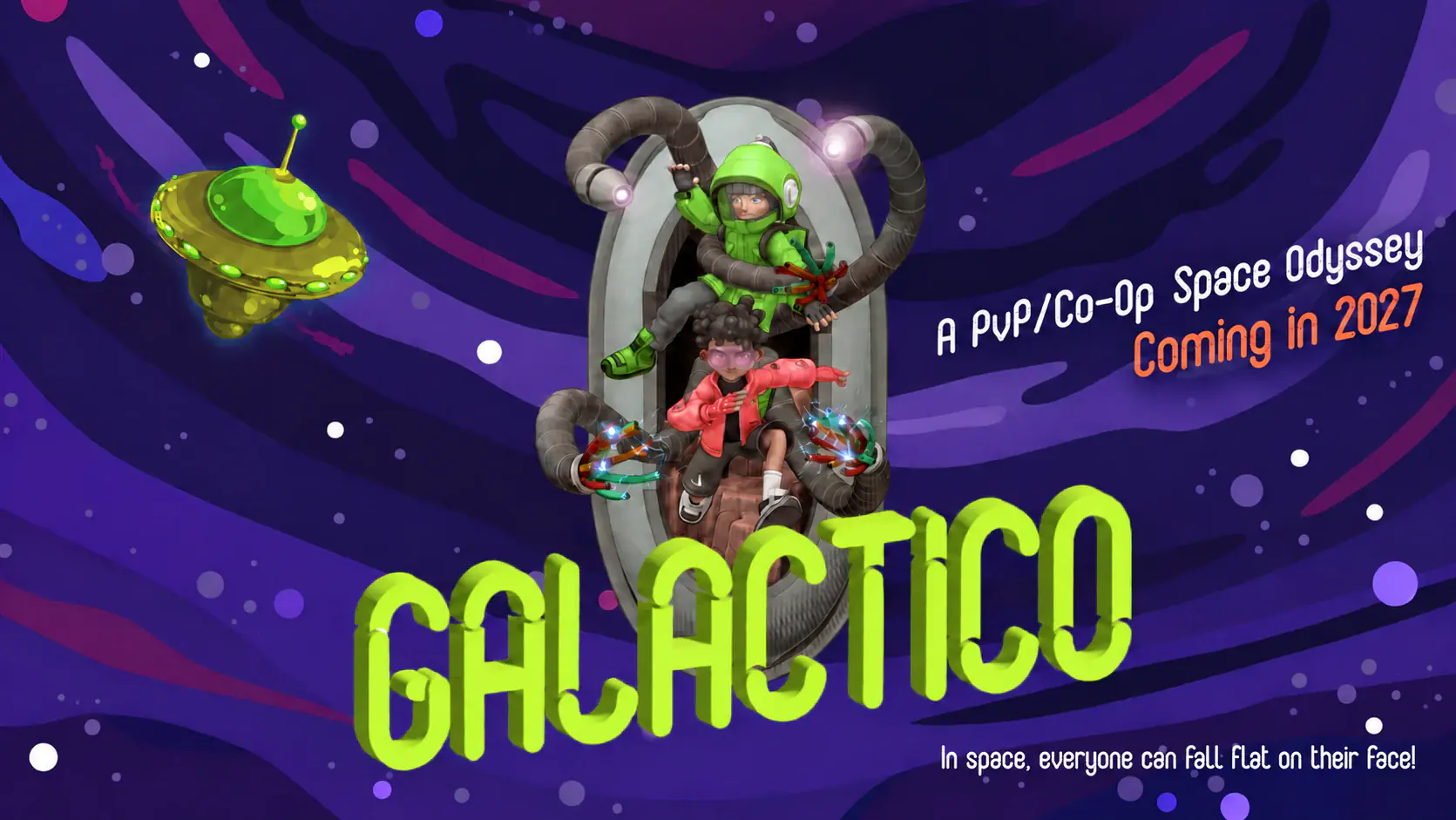 Galactico key art with two players escaping a space portal, a flying saucer and a 2027 launch message