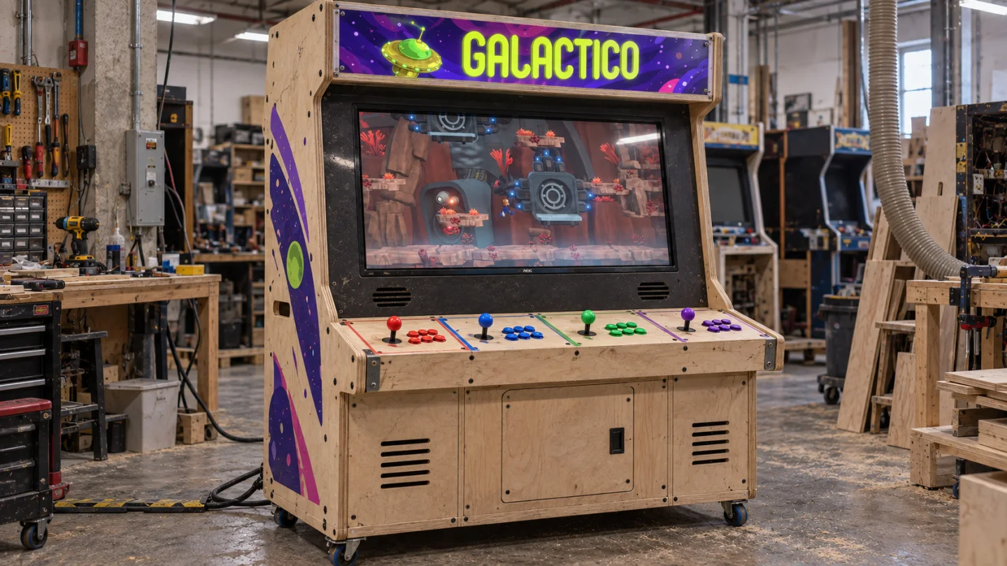 Handmade plywood four-player Galactico arcade cabinet prototype in an industrial workshop, with the game running on screen