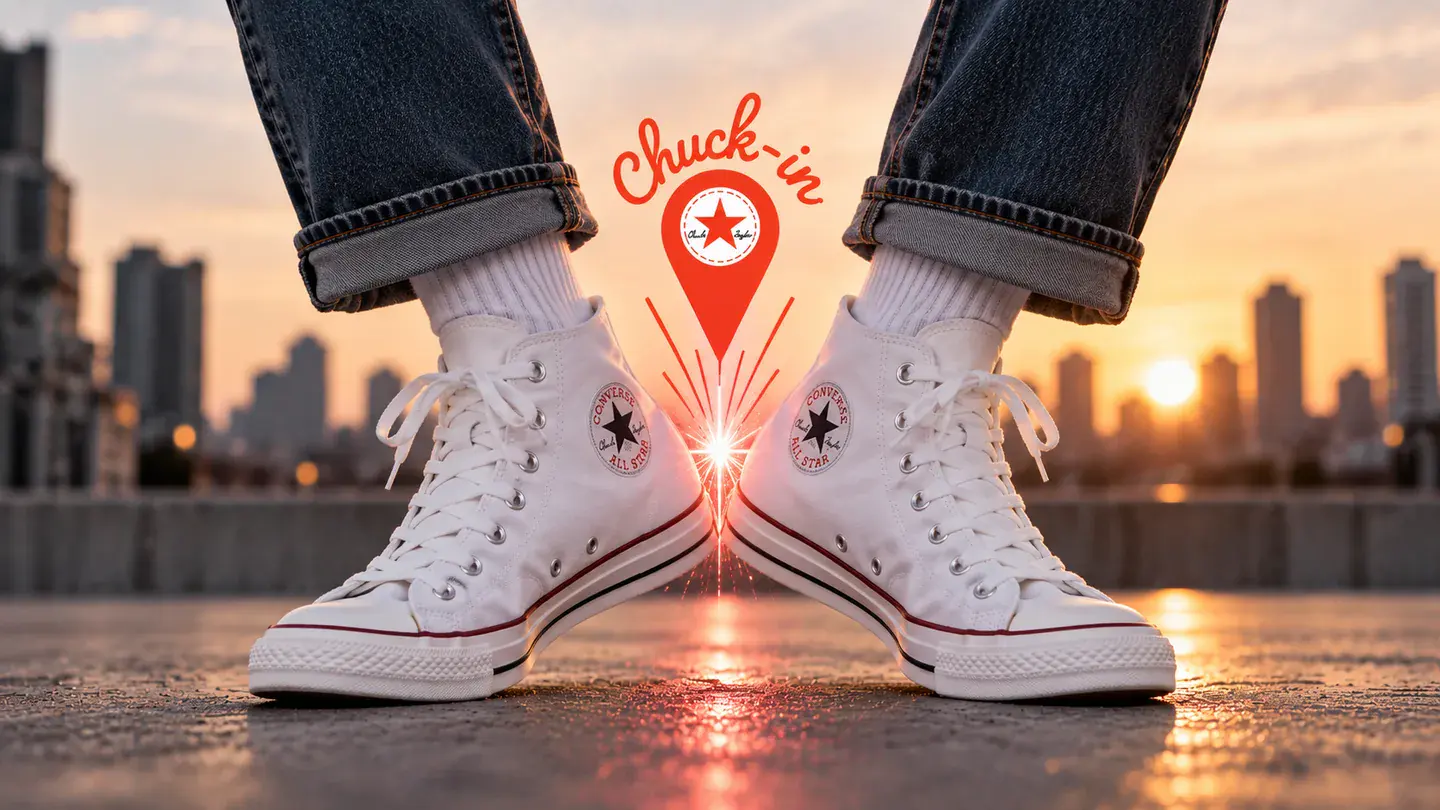 Two white Converse All Star high-tops clicking heels together, a spark where they meet, beneath the red Chuck-in check-in pin