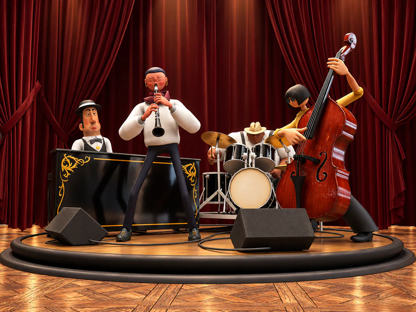 The animated jazz quartet performing inside the IKEA Symfonisk speaker
