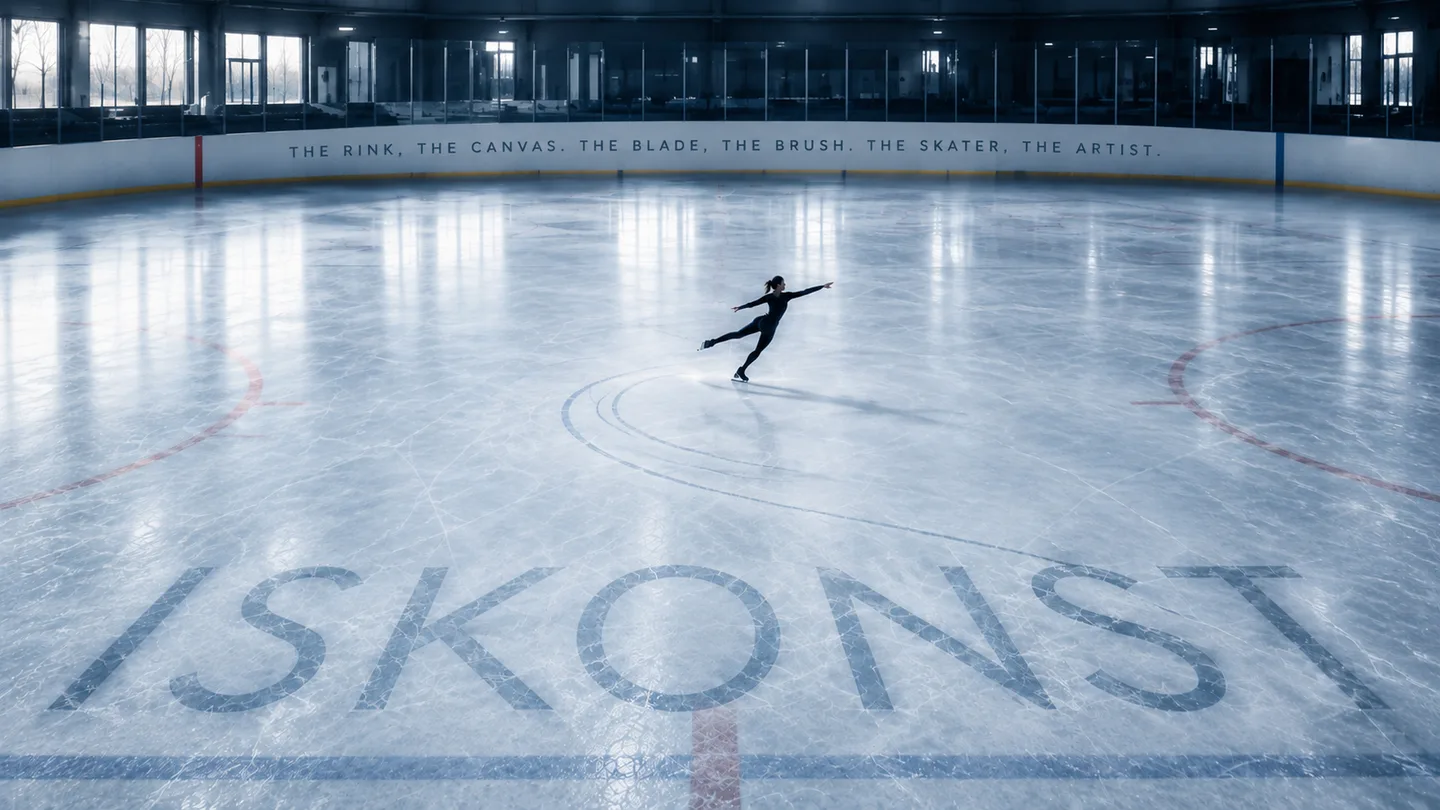 ISKONST lettered into the ice of an empty rink, a lone figure skater crossing it