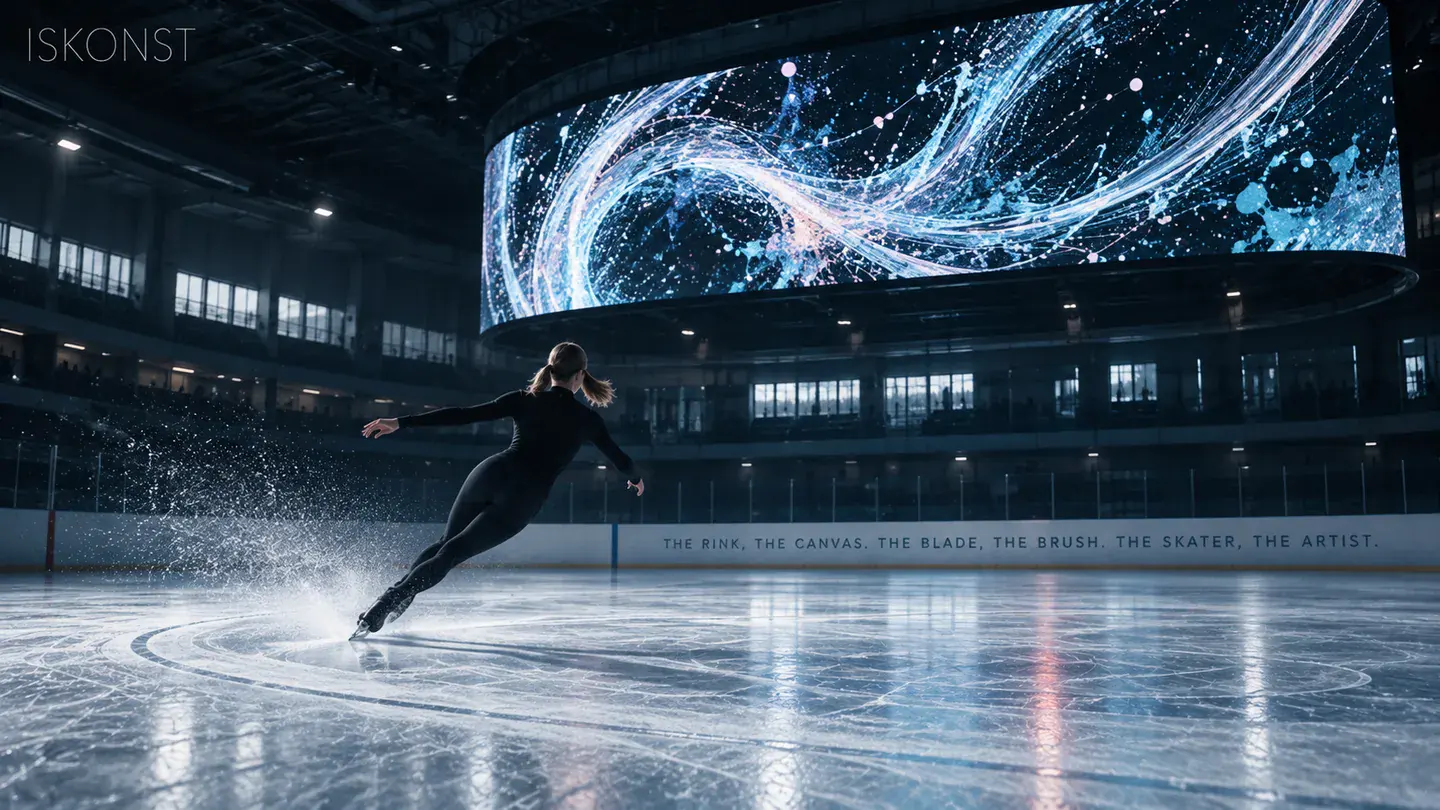A figure skater carving the ice while the arena screen turns her movement into flowing light