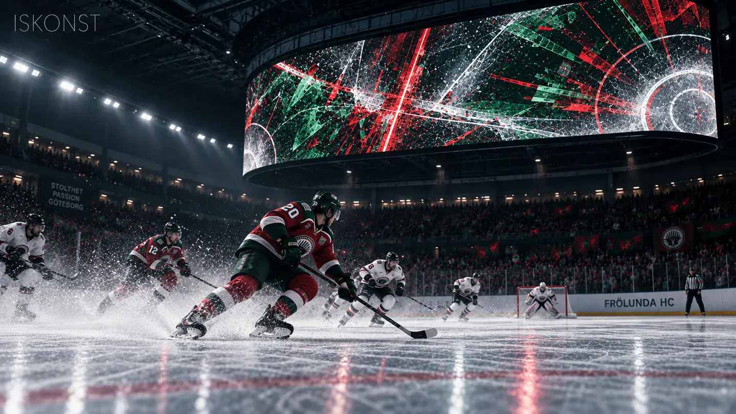 A Frölunda hockey game, its speed and impact drawn in red, green and white on the arena screen