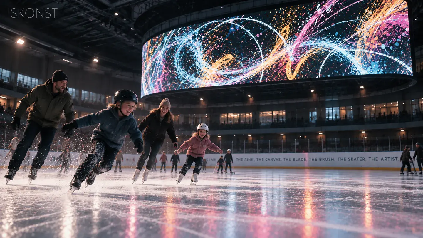 A family skating together, their movement drawn as playful colour on the screen above