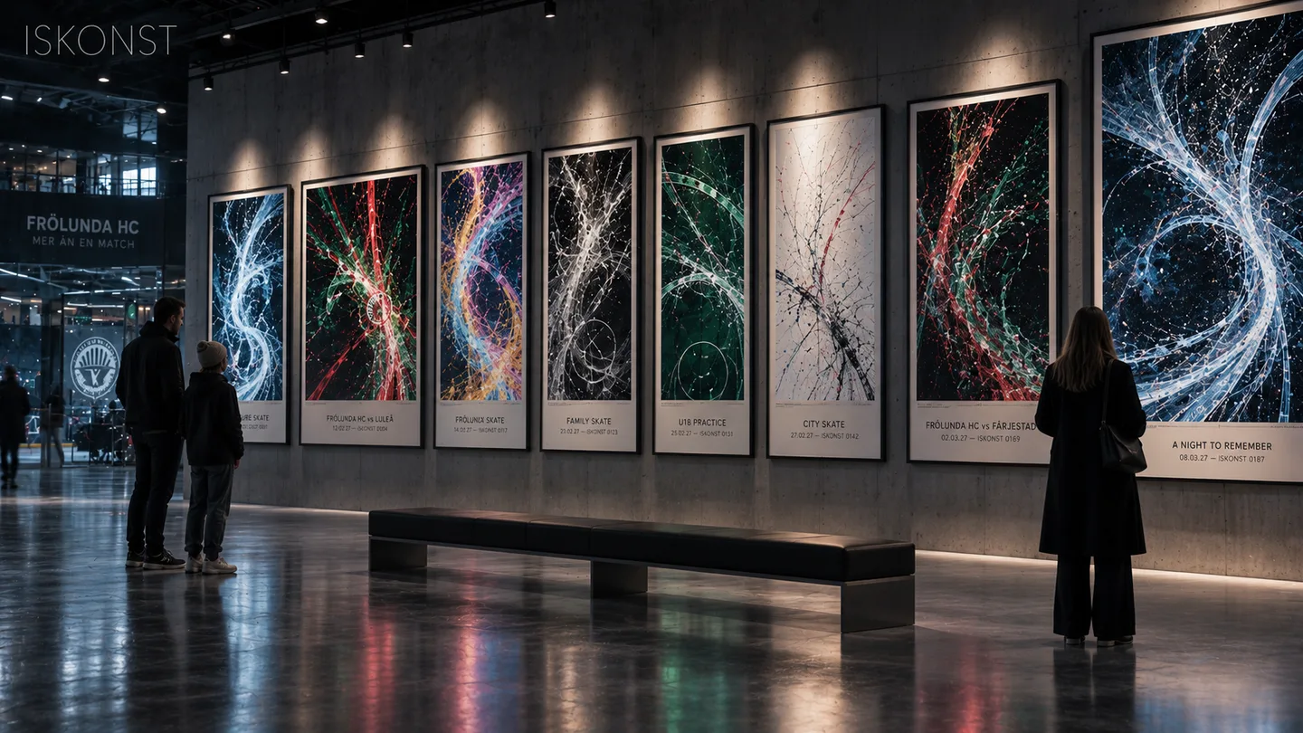 A gallery of framed ISKONST prints from different sessions, with visitors looking on