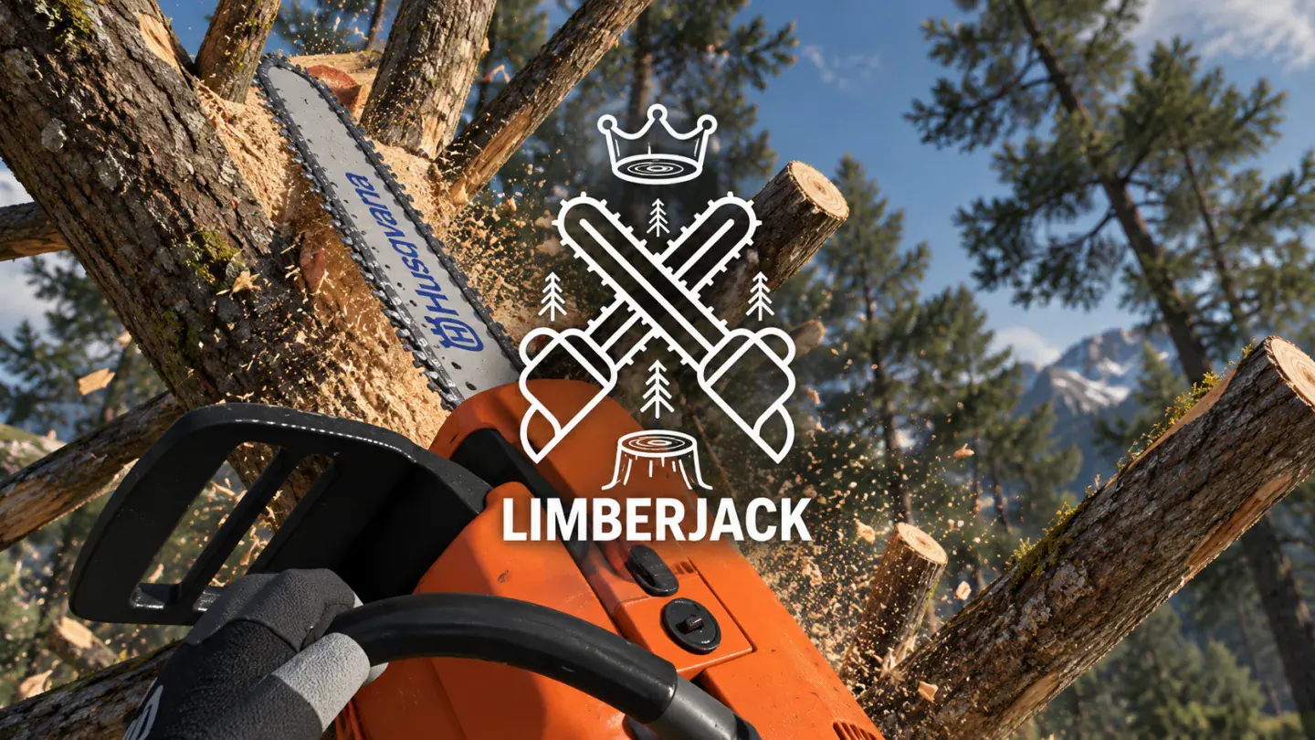 Stylized Limberjack promotional composite with the white game mark over a first-person orange chainsaw cutting branches