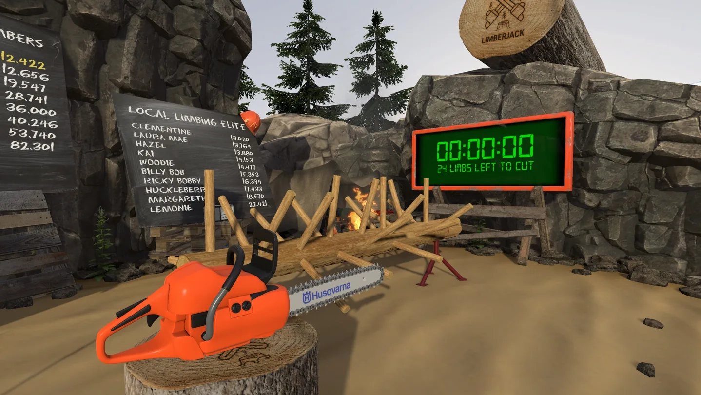 The Limberjack VR arena with an orange Husqvarna chainsaw, local leaderboard and countdown display