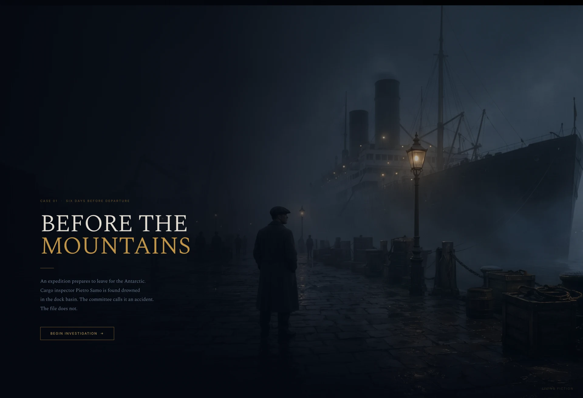 Before the Mountains: a lone cargo inspector on a fogbound 1935 dock beside an Antarctic expedition ship