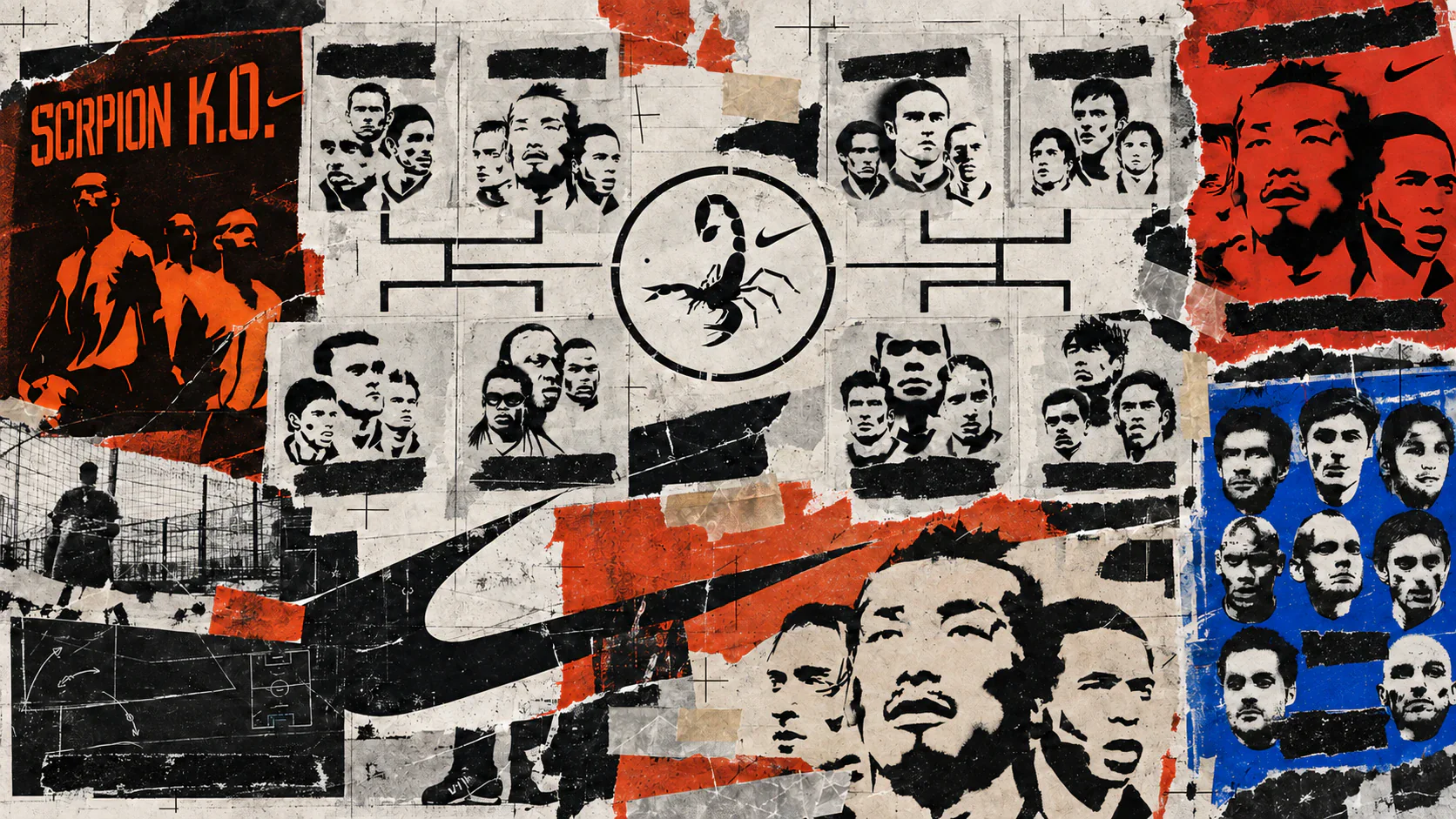 Editorial collage of Nike Scorpion campaign material, with tournament brackets, stencil portraits and torn orange, black and blue street posters