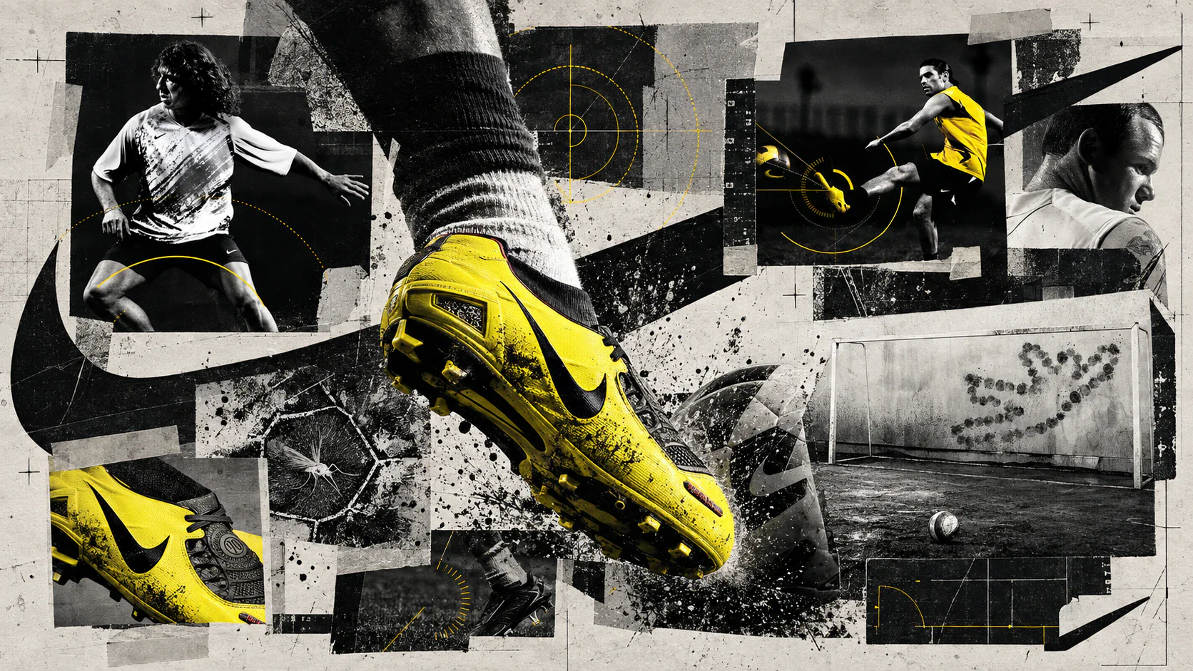 Editorial collage of Nike Total 90 Laser campaign material, with the yellow boot, players, precision arcs, goal and impact marks layered across a working design board