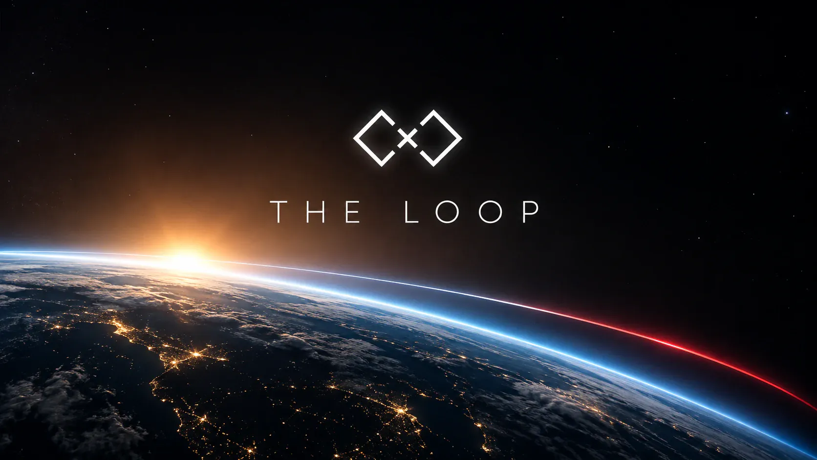 The Loop symbol above Earth at dawn, encircled by a fine red and blue orbital arc