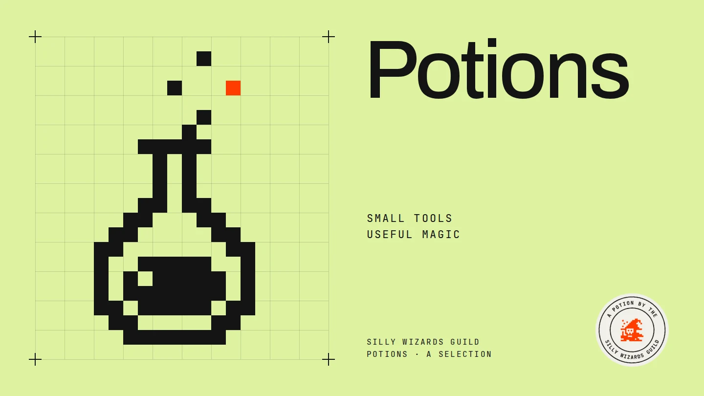 Potions: a pixel potion bottle on a grid, bubbles rising, one of them red, beside the name in large type on acid yellow