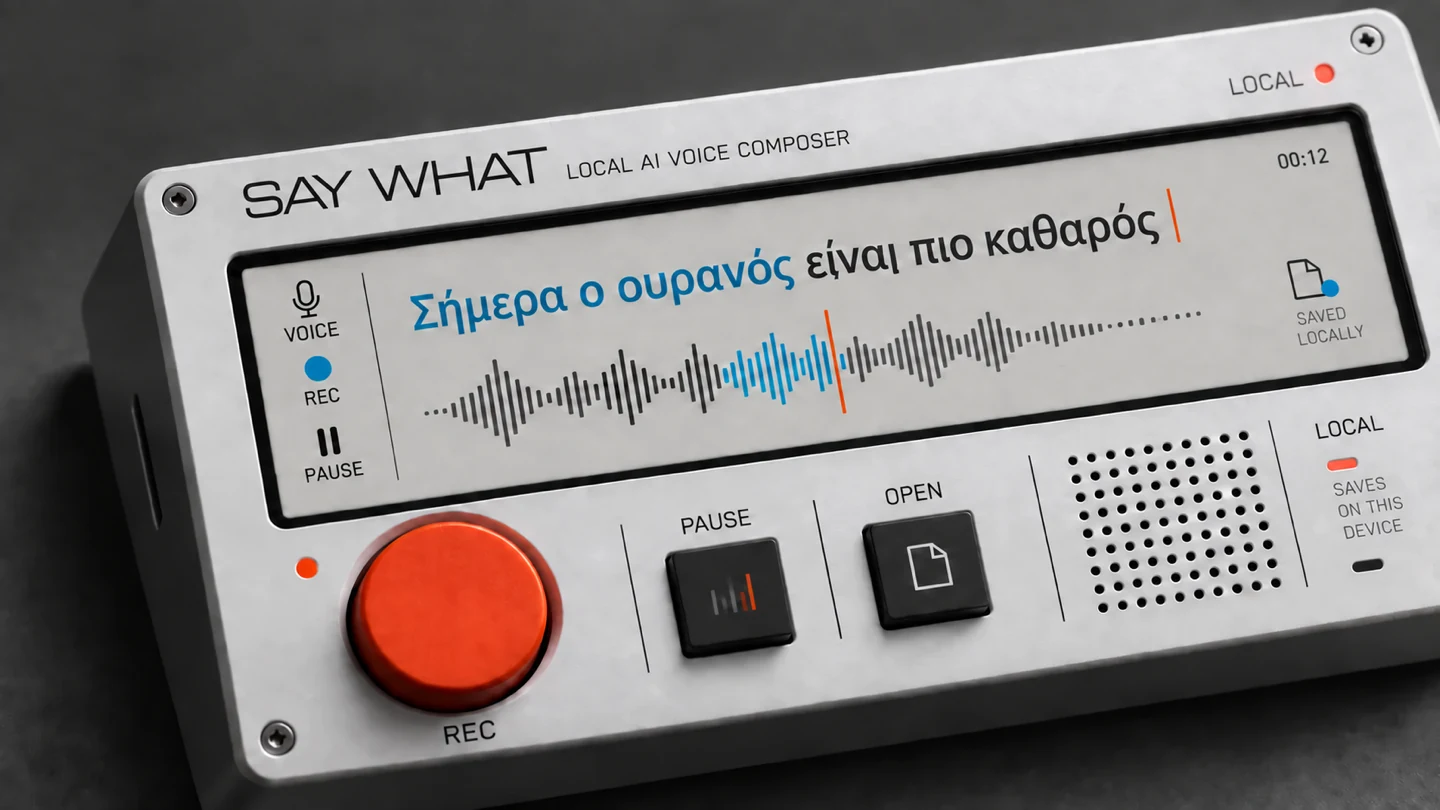 Concept visualisation of the Say What local AI voice composer as white assistive dictation hardware, showing live Greek text on a colour e-ink screen