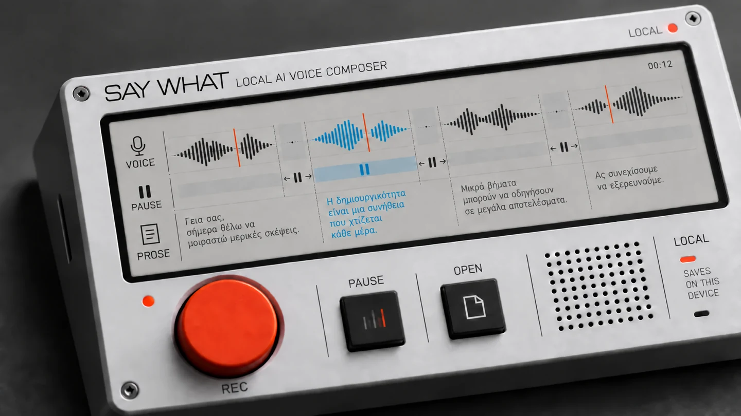 Concept visualisation of the same Say What hardware showing breath groups, pauses and Greek prose on its colour e-ink screen