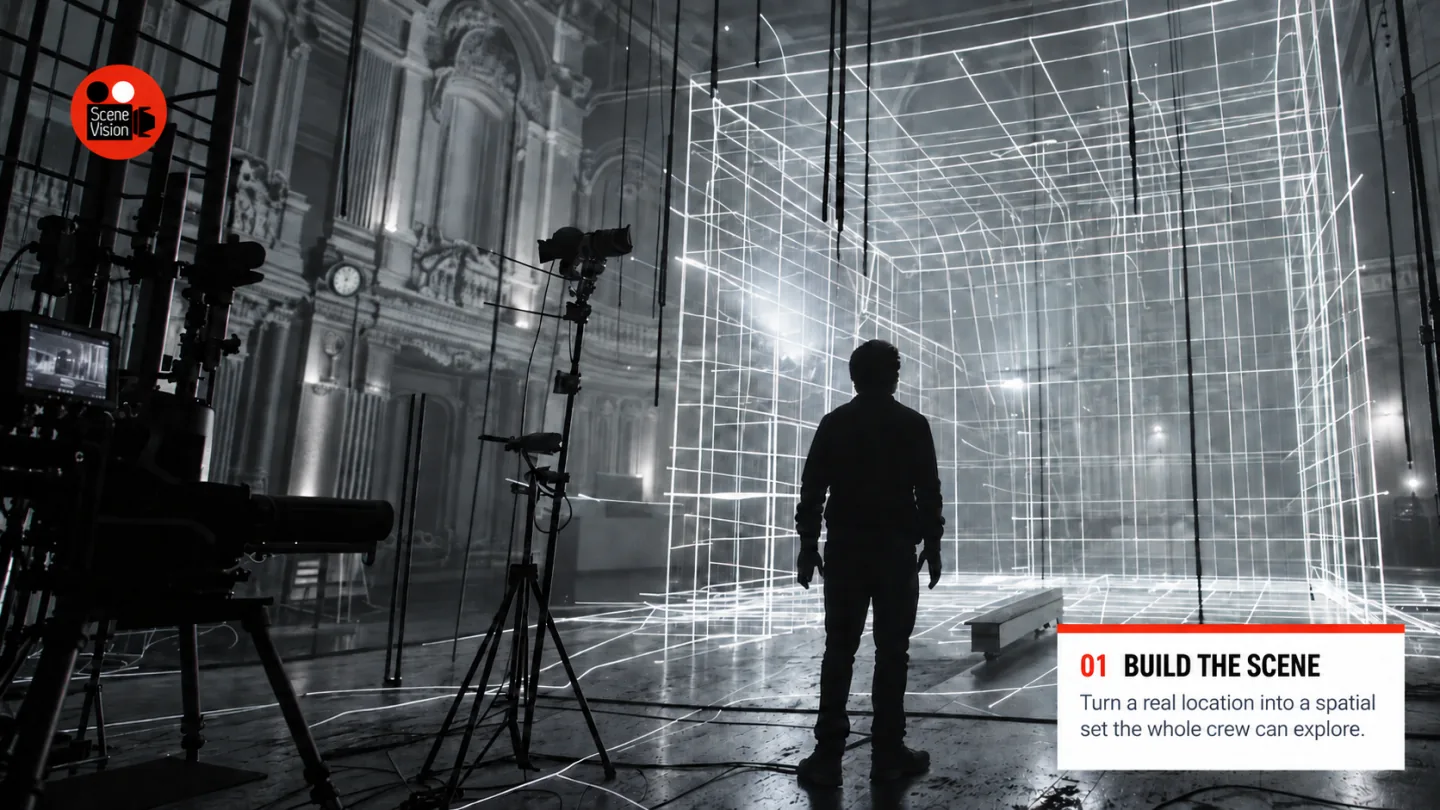 Concept visualisation of a film studio becoming a white wireframe set around a crew member and cameras