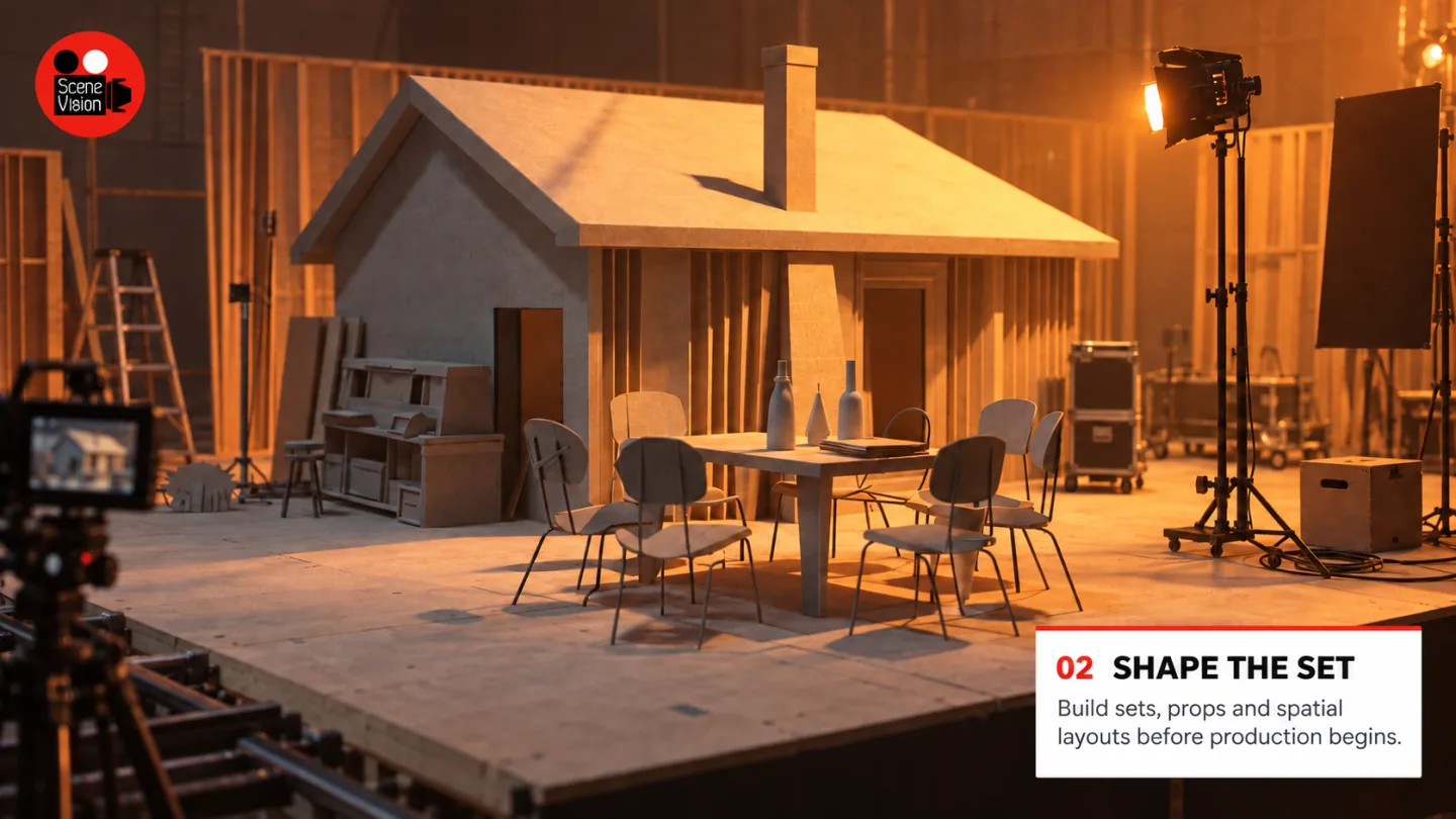 Concept visualisation of a practical set being shaped and lit on a film stage
