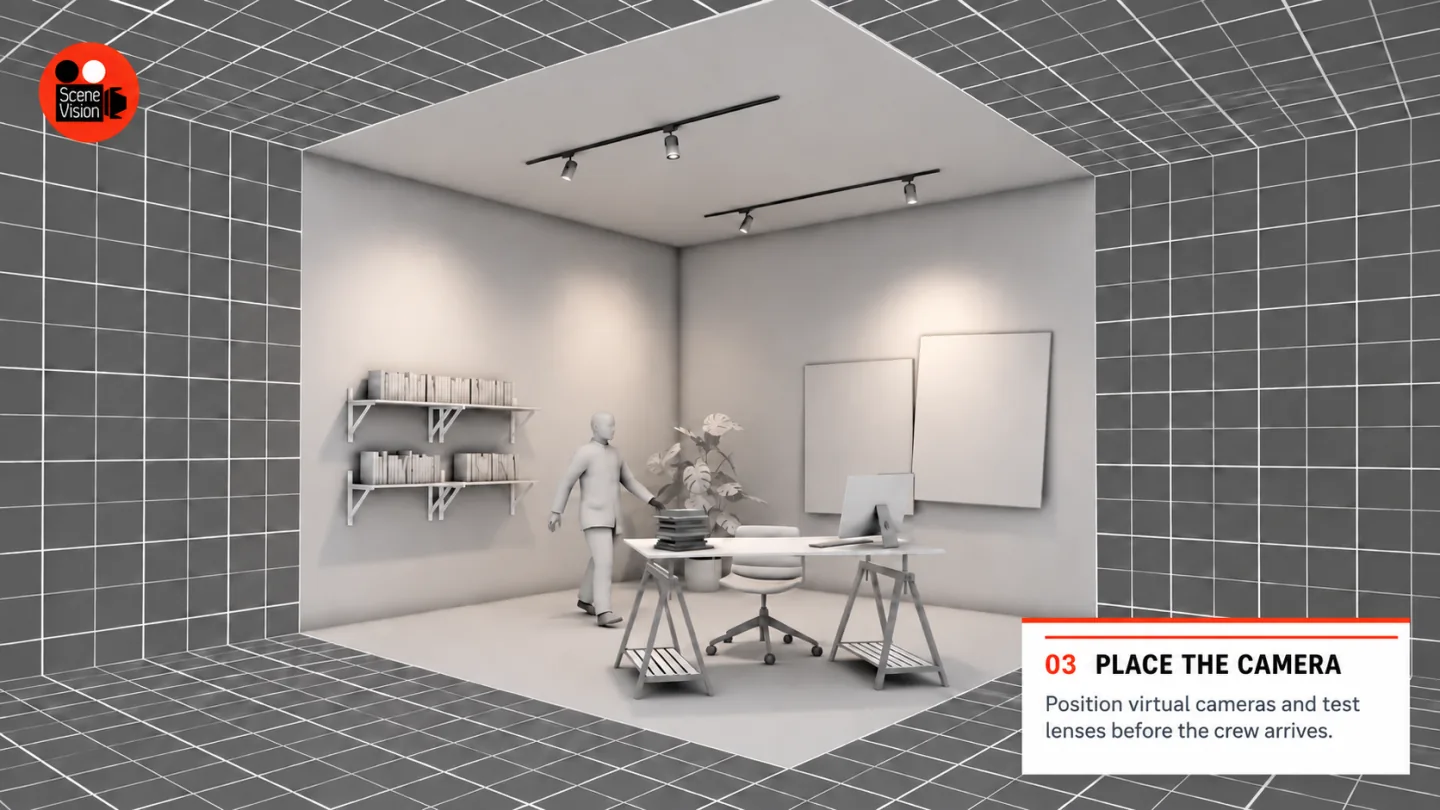 Working Scene Vision prototype showing a grey room, performer, furniture and surrounding spatial grid