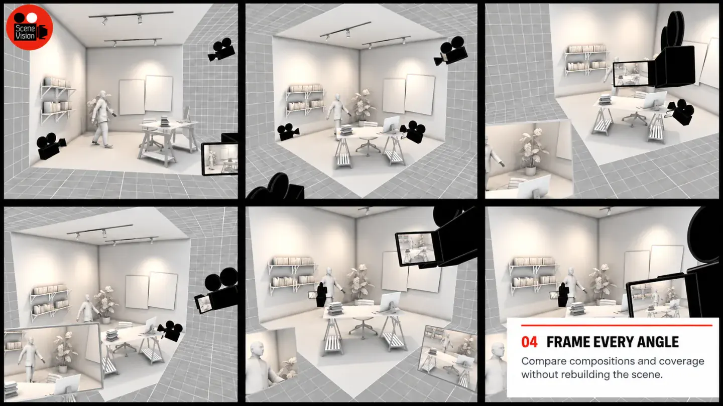 Working Scene Vision prototype comparing six virtual camera positions around the same room