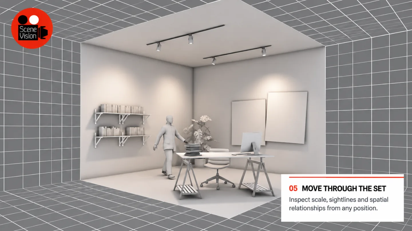 Working Scene Vision prototype showing the scale and sightlines of a grey virtual room