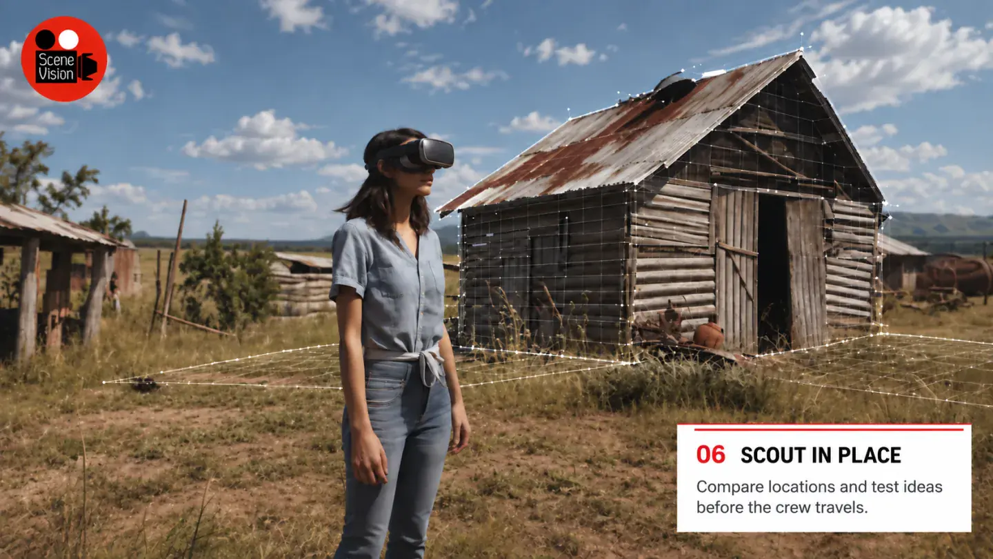 Concept visualisation of a filmmaker scouting a rural building while its surfaces are traced as a spatial model