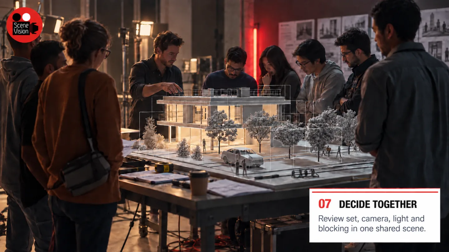 Concept visualisation of a film team reviewing camera, lighting and blocking around a shared set model