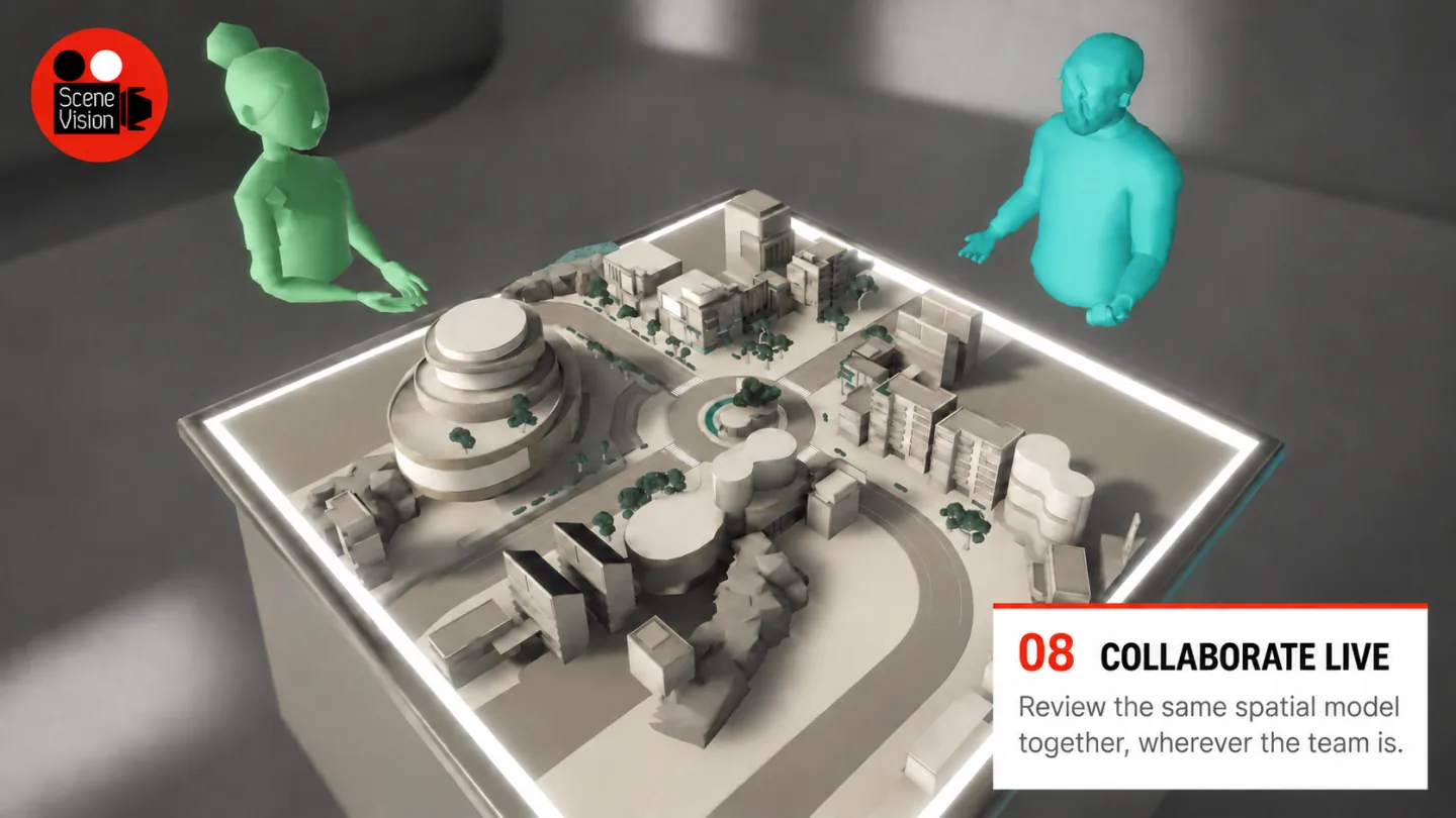 Scene Vision collaboration prototype showing two remote participants around one spatial city model