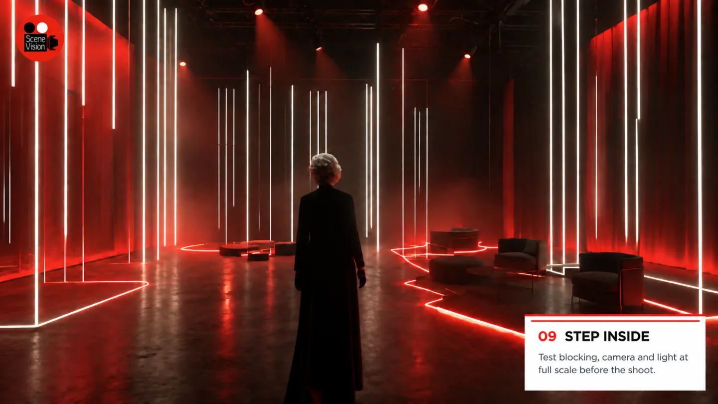 Concept visualisation of a performer standing inside a full-scale red and white lighting plan