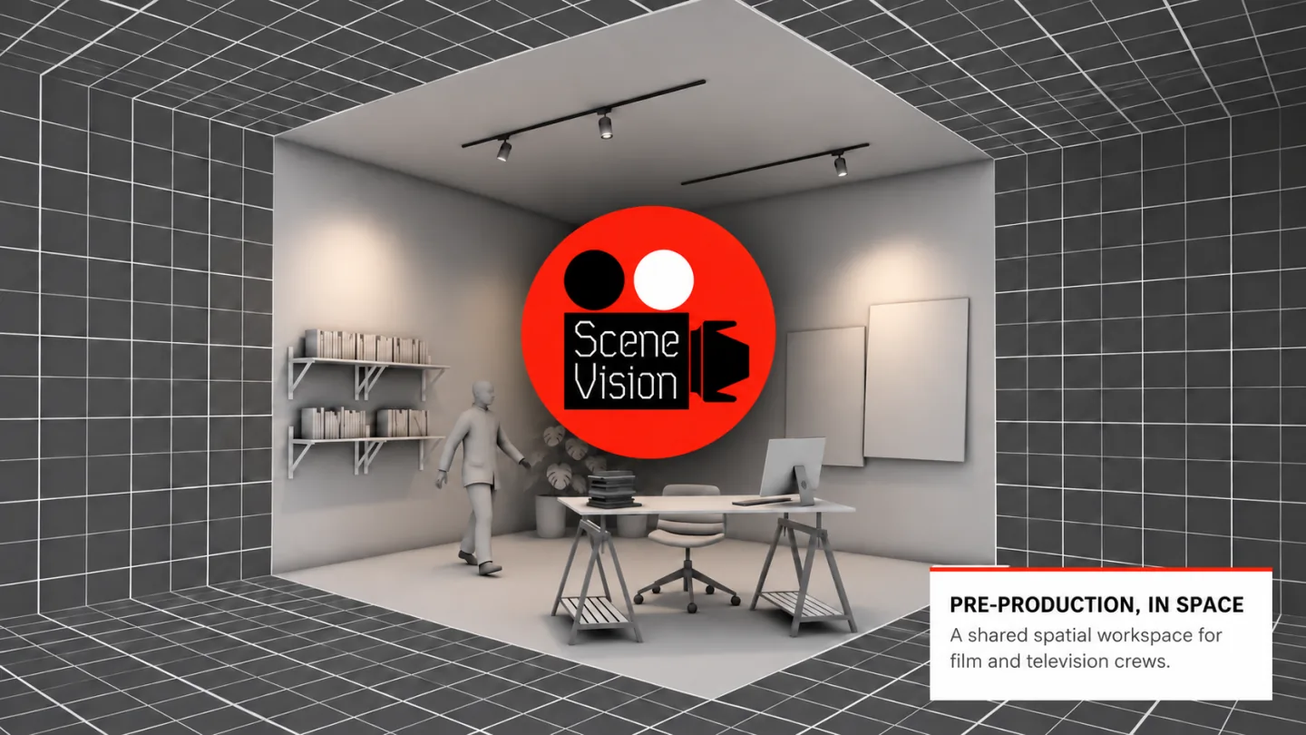 Scene Vision logo over the grey virtual-set prototype, introducing a shared spatial workspace for film and television crews
