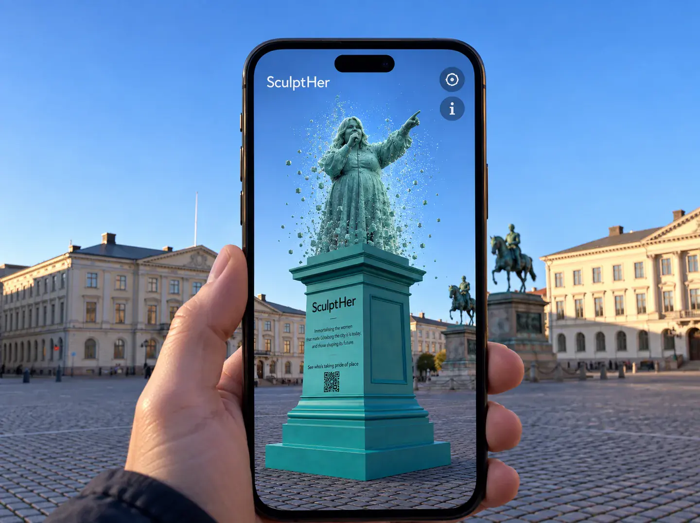 Concept visual of a phone revealing a stone-like woman singing on the SculptHer plinth in augmented reality