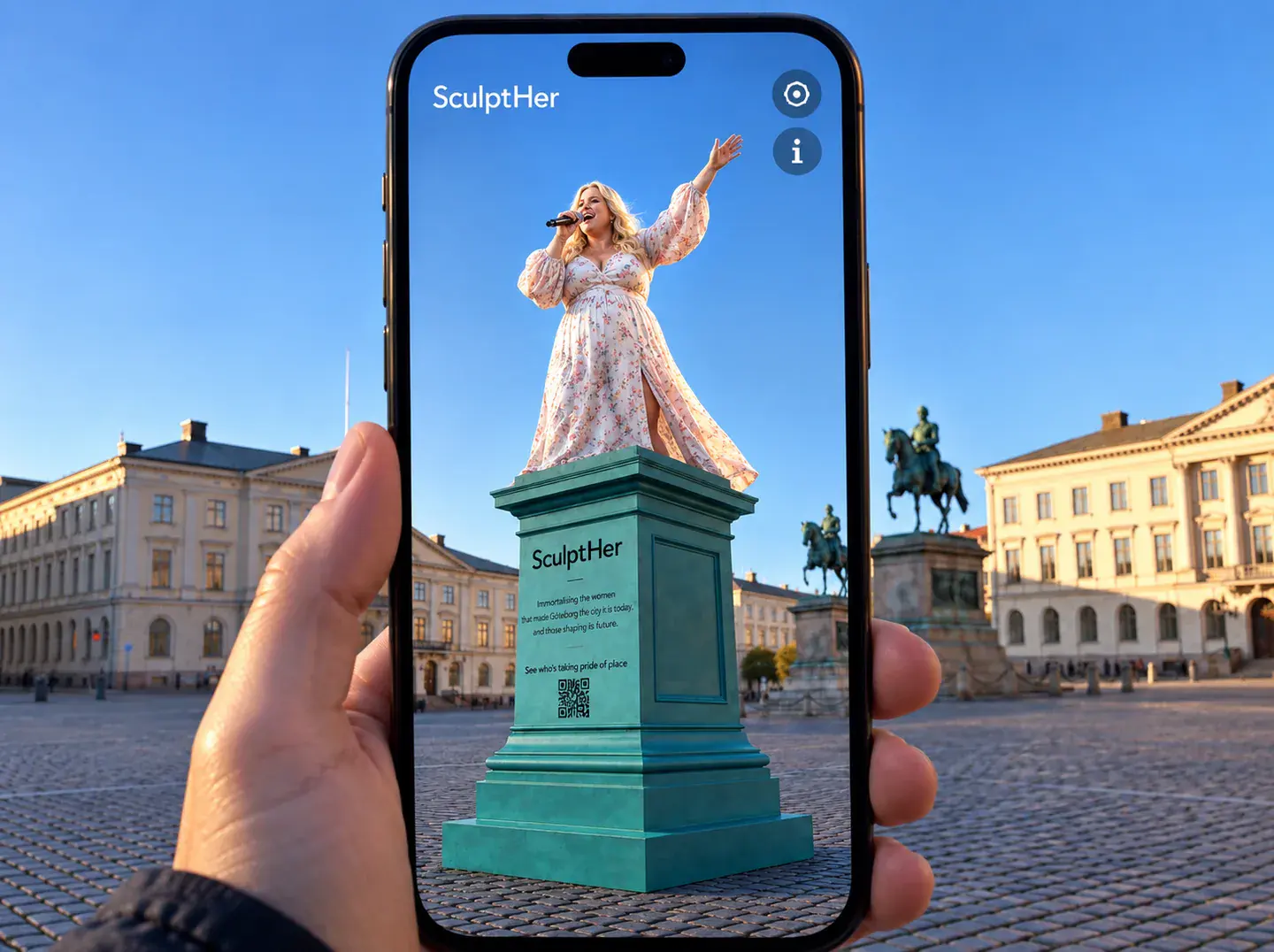 Concept visual of a phone revealing a full-colour woman performing on the SculptHer plinth in augmented reality