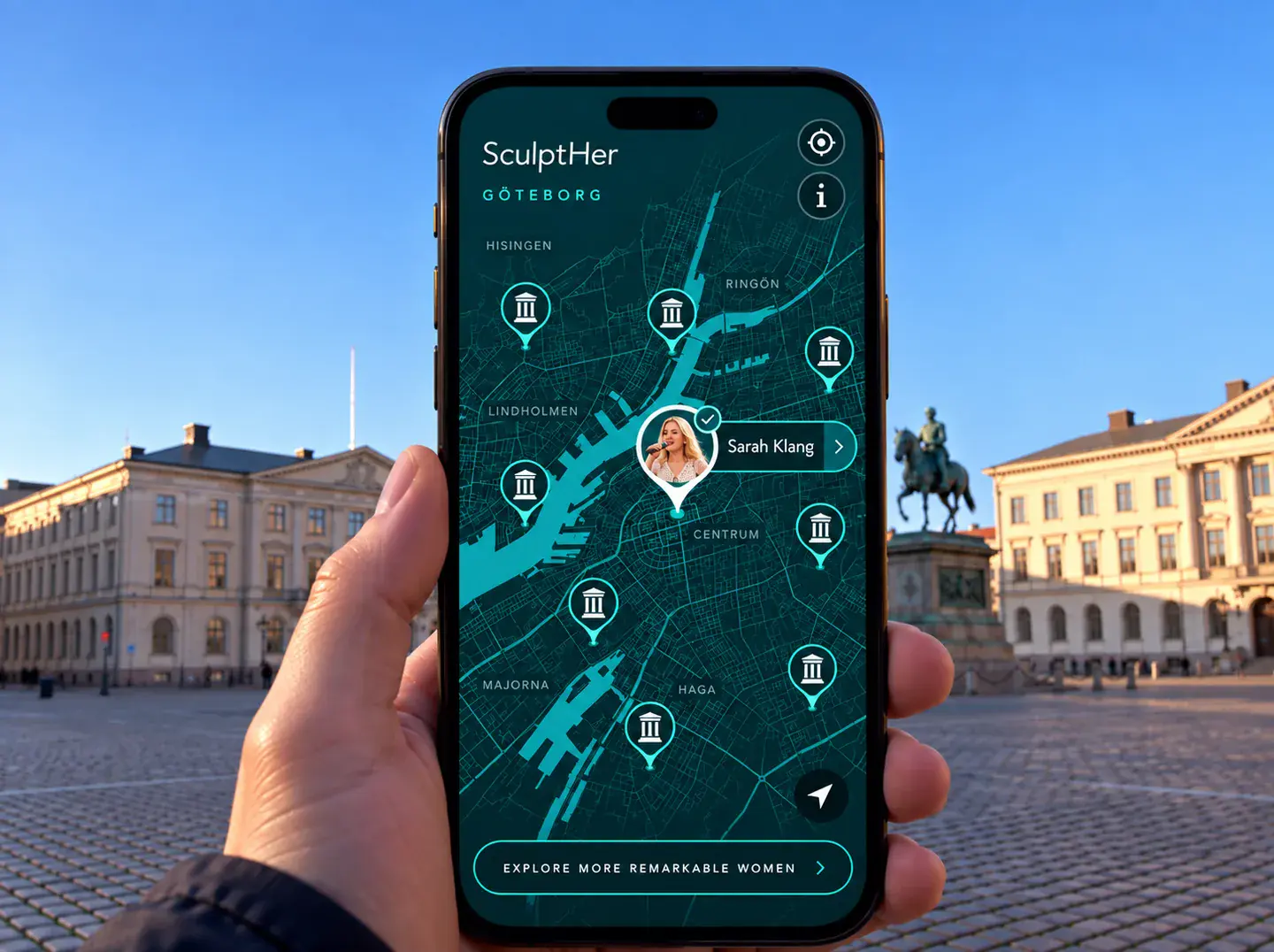 Concept visual of the SculptHer map on a phone in a Göteborg square, pins across the city and Sarah Klang selected