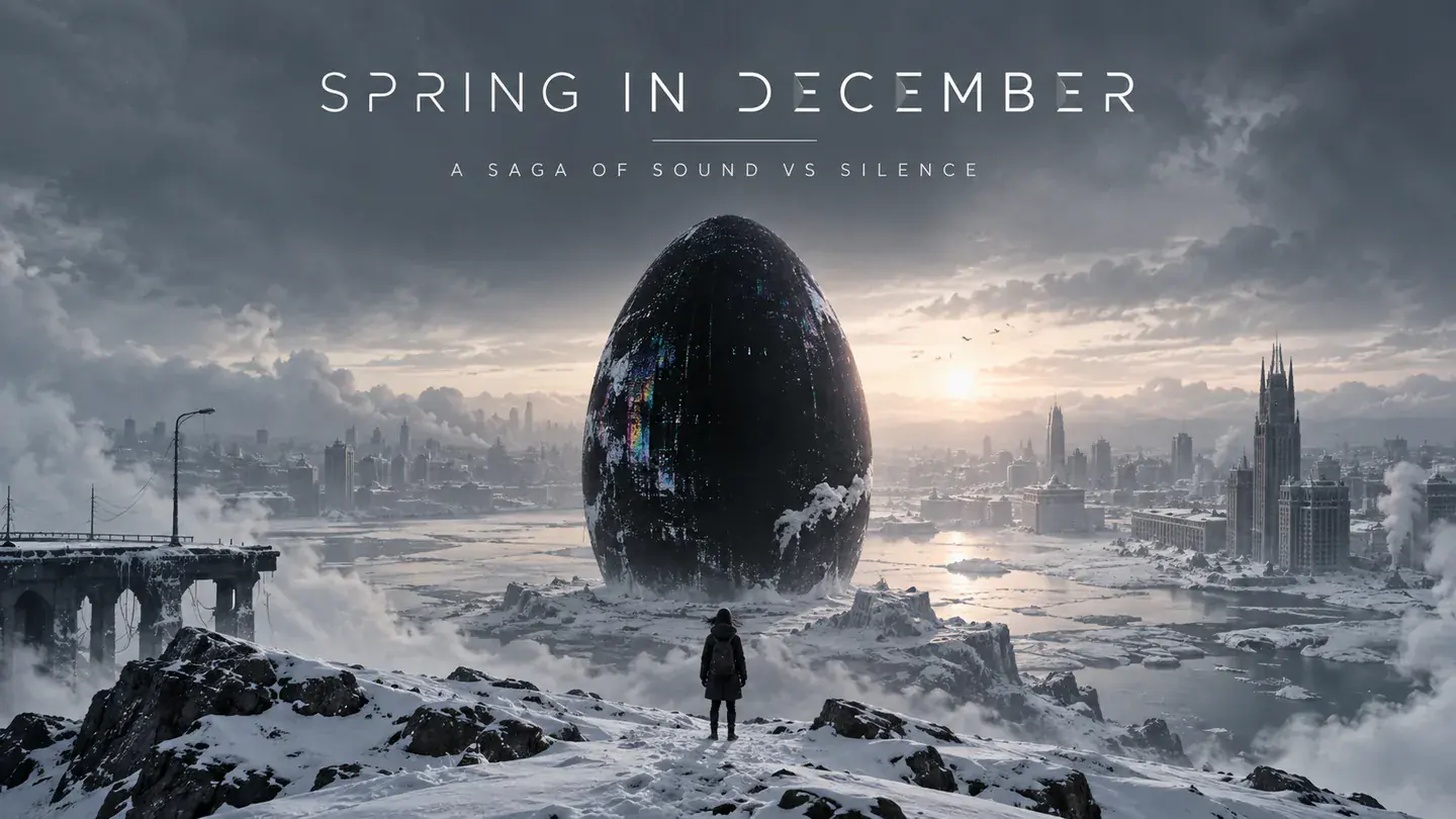 Spring in December title art: a vast black ovoid on a frozen river before a snowbound city
