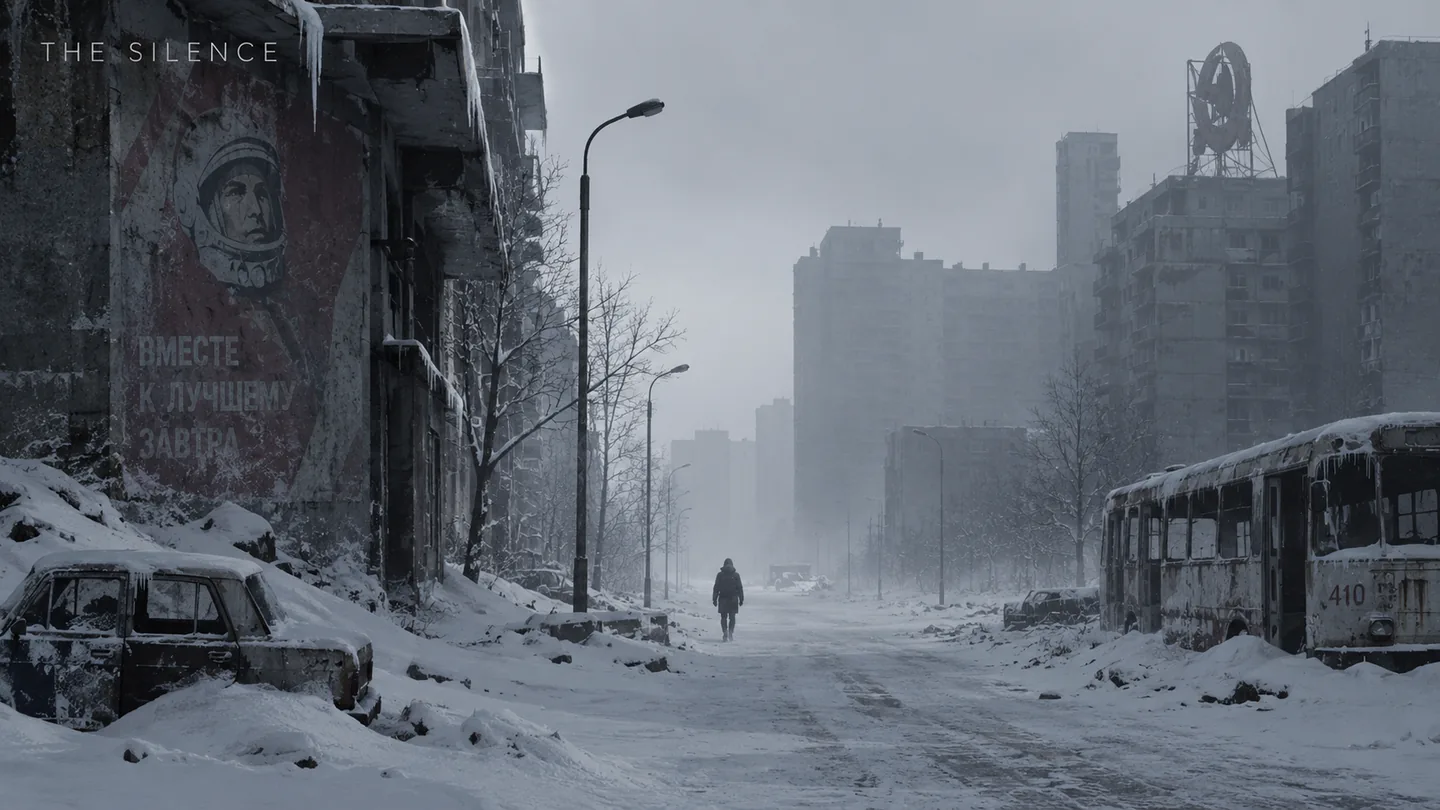 The Silence: a frozen city street with abandoned cars and a lone walker in the snow