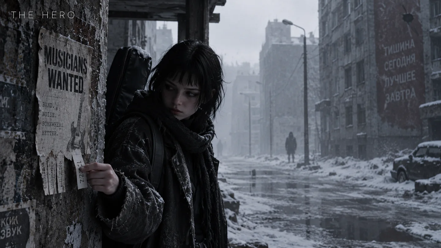 The Hero: a young musician pinning a Musicians Wanted notice to a wall in a frozen street