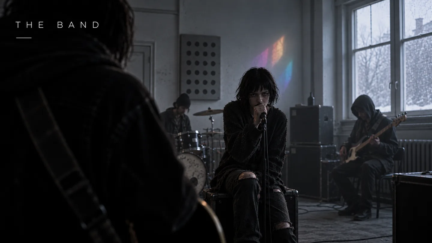 The Band: four musicians playing in a cold rehearsal room, a spectrum of colour on the wall