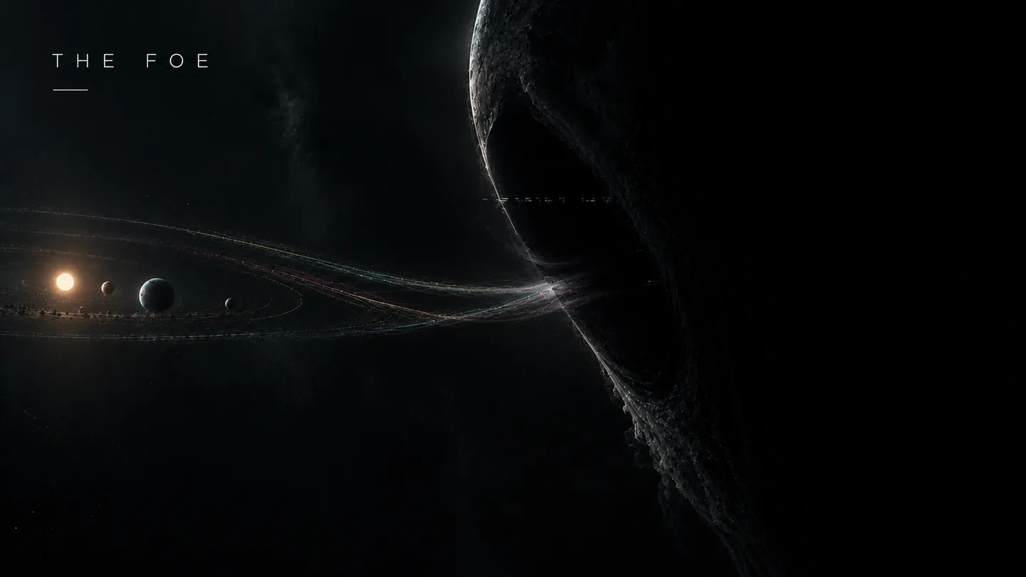 The Foe: a vast dark celestial form drawing a thread of light out of the solar system